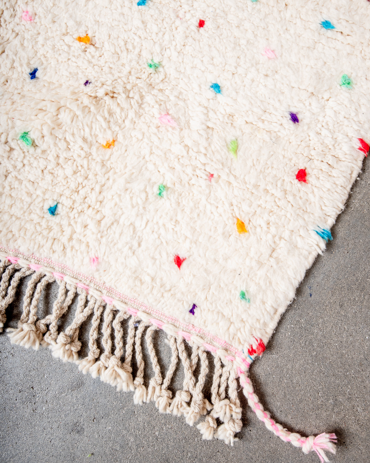 Modern, designer, handcrafted Berber rug from Morocco. Beniourain carpet with beautiful colours and patterns and fluffy wool texture.